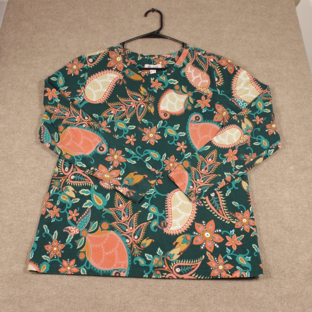 Denim & Co Paisley Floral Long Sleeve Top Teal Coral Green Size M